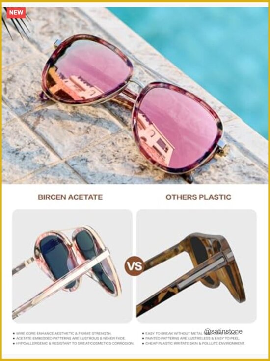 Polarized Sunglasses with Acetate Frame, UV400 Protection, Mirrored Lenses